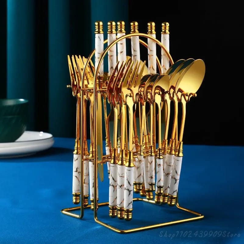 24 pcs gold Marble Cutlery Set with stand