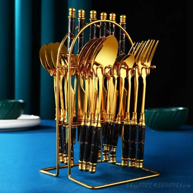 24 pcs gold Marble Cutlery Set with stand