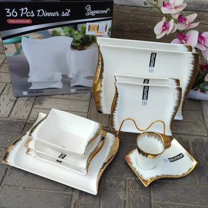 36pcs Nordic Rectangle dinner set with gold rim