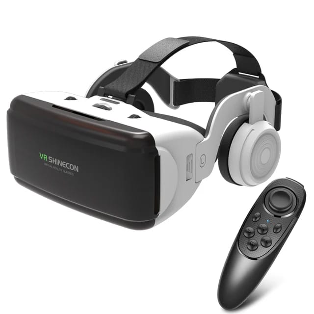 Vr box with headphone and a remote control.