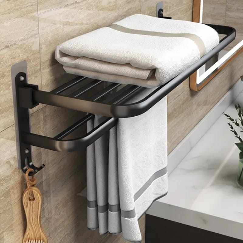 Bathroom wall mounted towel rack accessory with hooks