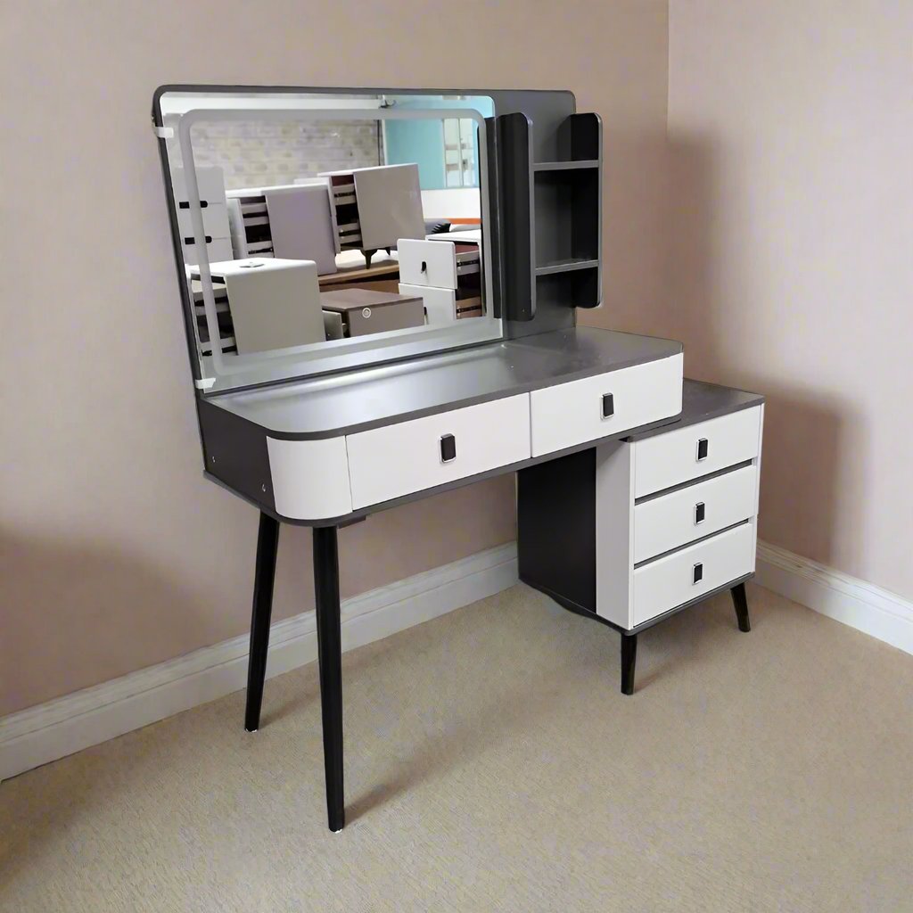 Modern Vanity Desk with LED Mirror | 100x40x145 cm, 4 Drawer Storage | White & Grey | Bedrooms,Dressing Rooms, Studio Apartments, Beauty Salons