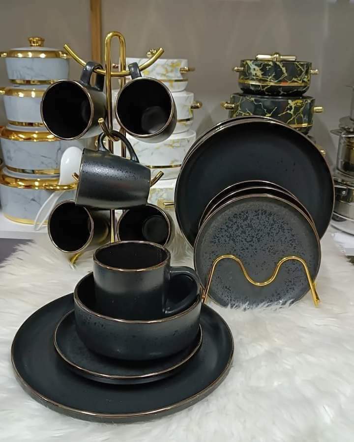 24 Piece Black Dinner set with thin Gold Line