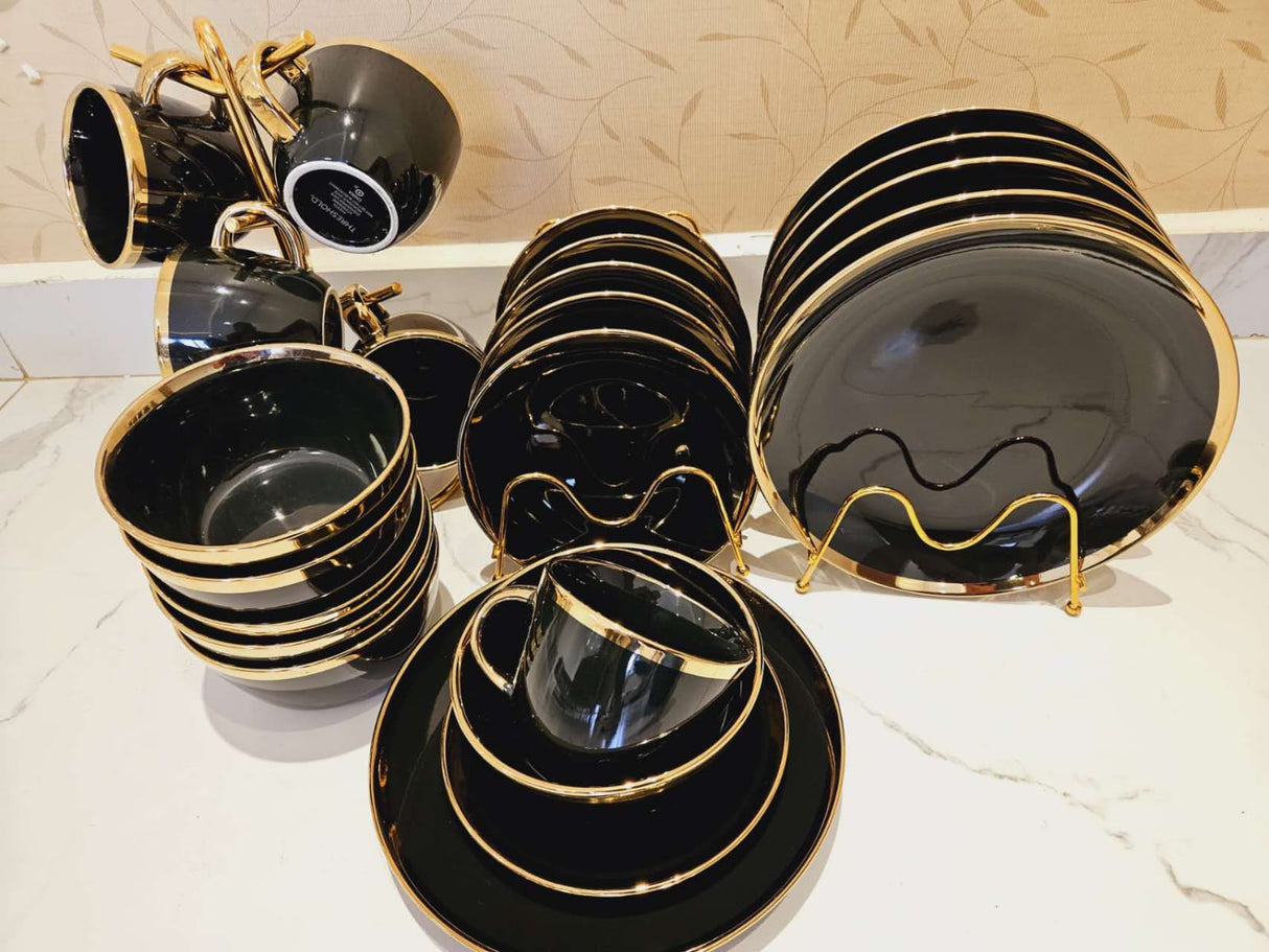 24 Pieces Gloss Black Dinner Set with Gold Rim