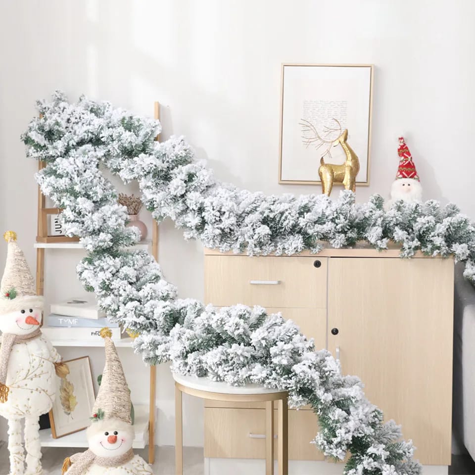 2.7M Christmas Pine Garland Snow Flocking Falling Cedar Rattan Artificial Greenery