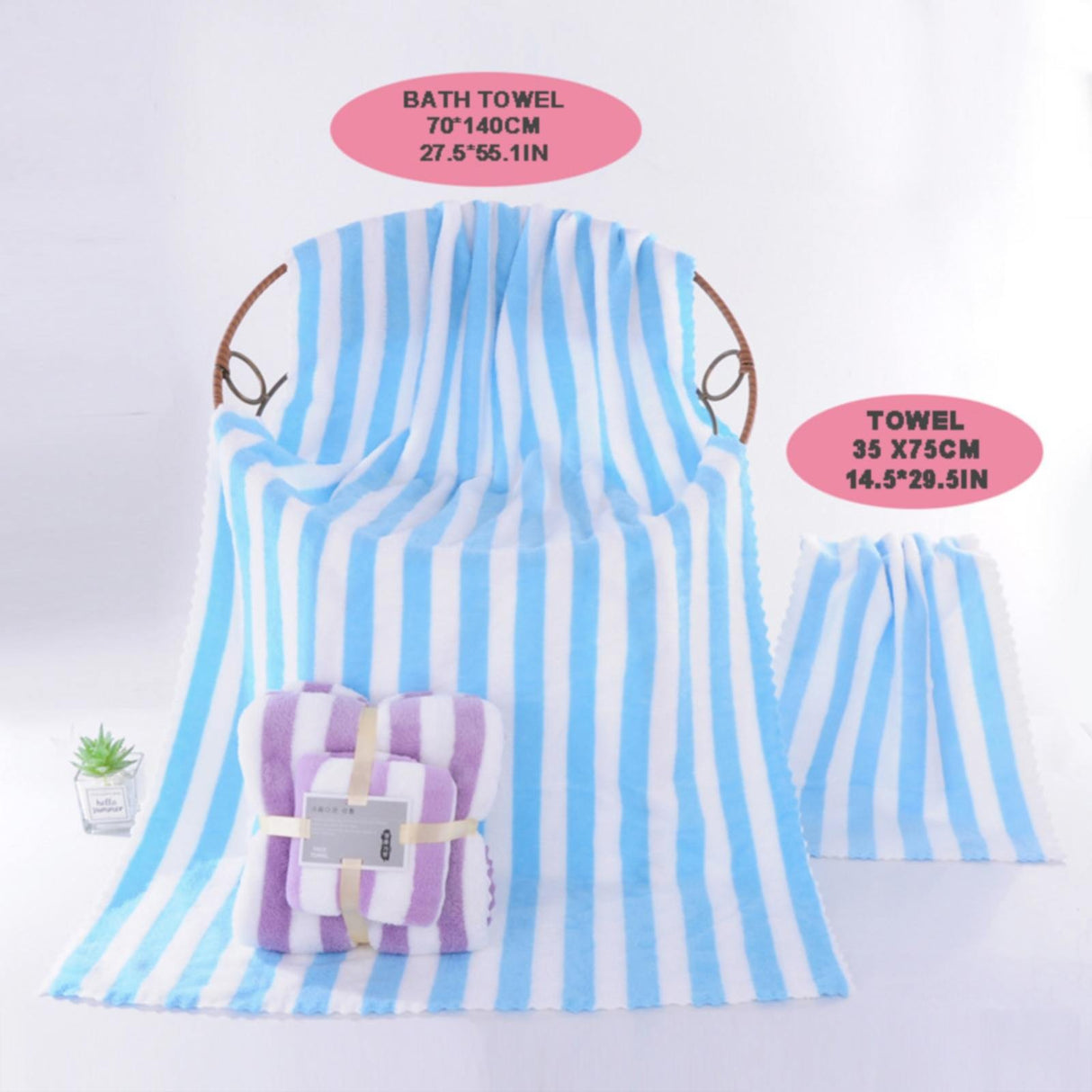 3in1 wide stripe coral velvet microfiber bath towel with a gift box