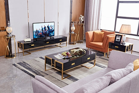 Metallic Frame Wooden Coffee Table with a Glass Top.