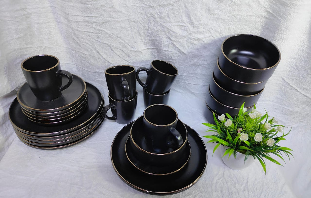 24 Piece Black Dinner set with thin Gold Line