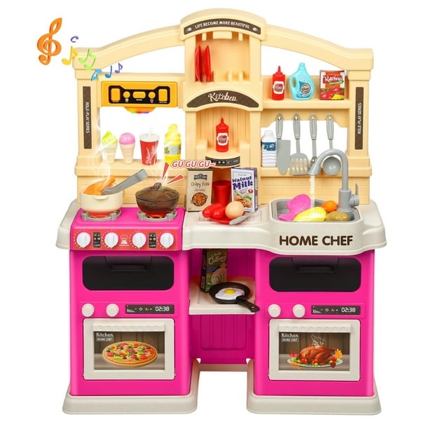 Play Kitchen Set, Kids Play Kitchen Realistic Lights Sounds Simulation Spray for Toddlers Girls Boys Gift, Pink