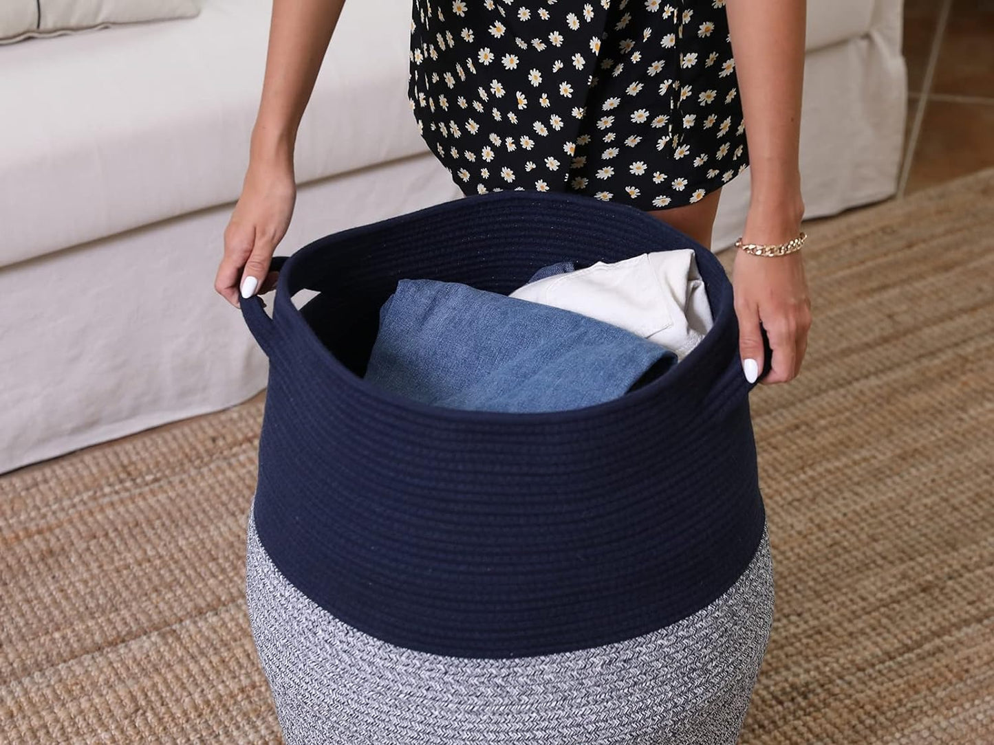 Tall Extra Large Storage Basket with Lid, Cotton Rope Storage Baskets