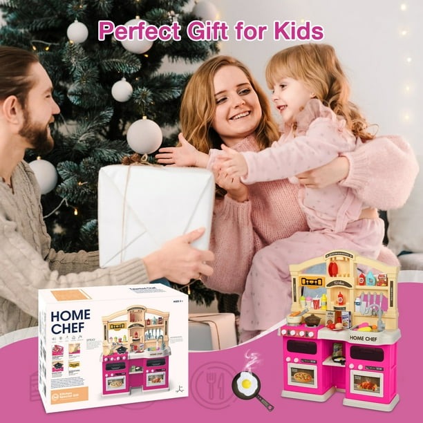 Play Kitchen Set, Kids Play Kitchen Realistic Lights Sounds Simulation Spray for Toddlers Girls Boys Gift, Pink