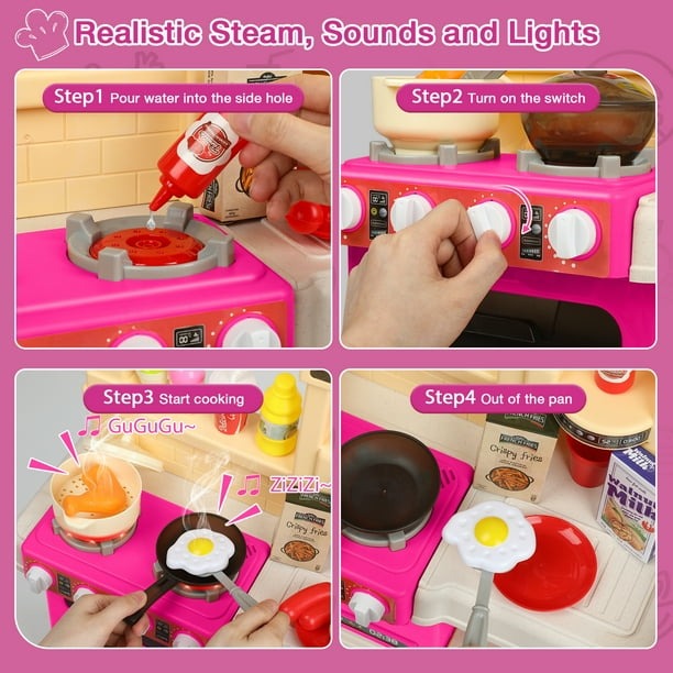 Play Kitchen Set, Kids Play Kitchen Realistic Lights Sounds Simulation Spray for Toddlers Girls Boys Gift, Pink