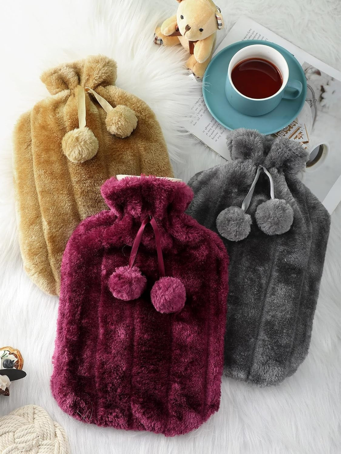 Cosy Faux Fur Pom Pom Hot Water Bottle - 2 Litre