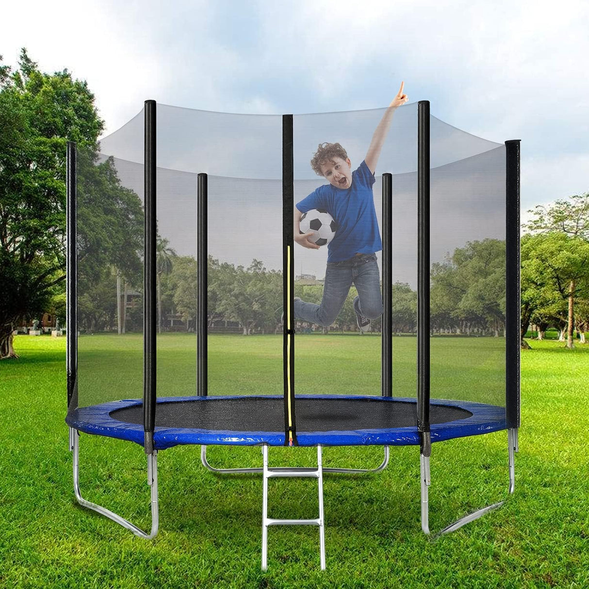 Trampoline 10FT Kids Trampoline with Safety Enclosure with Netting and Ladder Edge Cover Jumping Mat