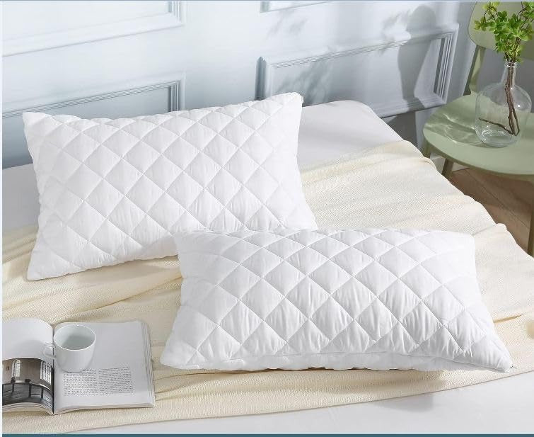 2 Pack Pillow Protectors Quilted Zipped Breathable 100% Cotton Hotel Quality 50 x 75cm