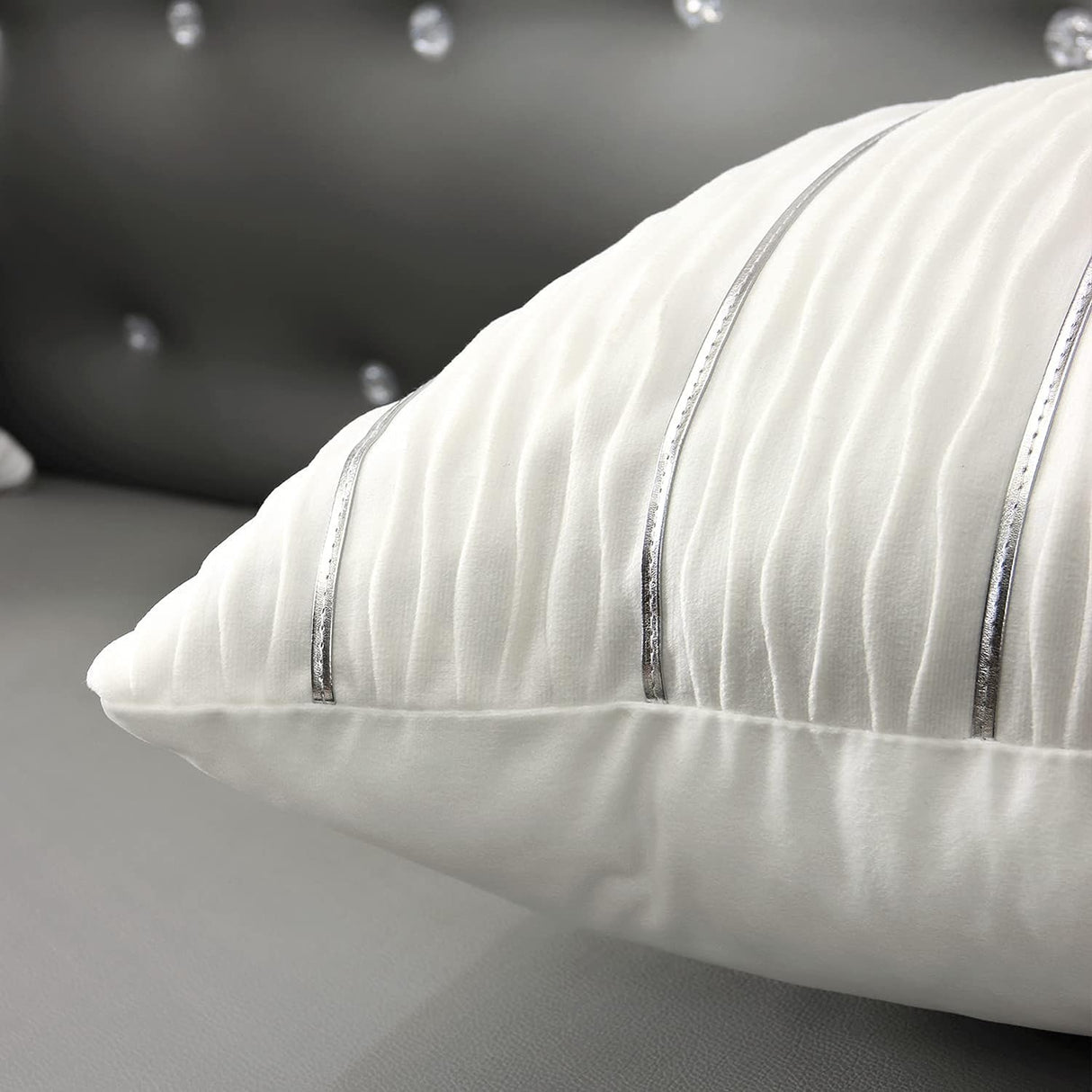 Velvet Decorative Pillow Covers Silver and Wave Striped Luxury Style Pillow Case