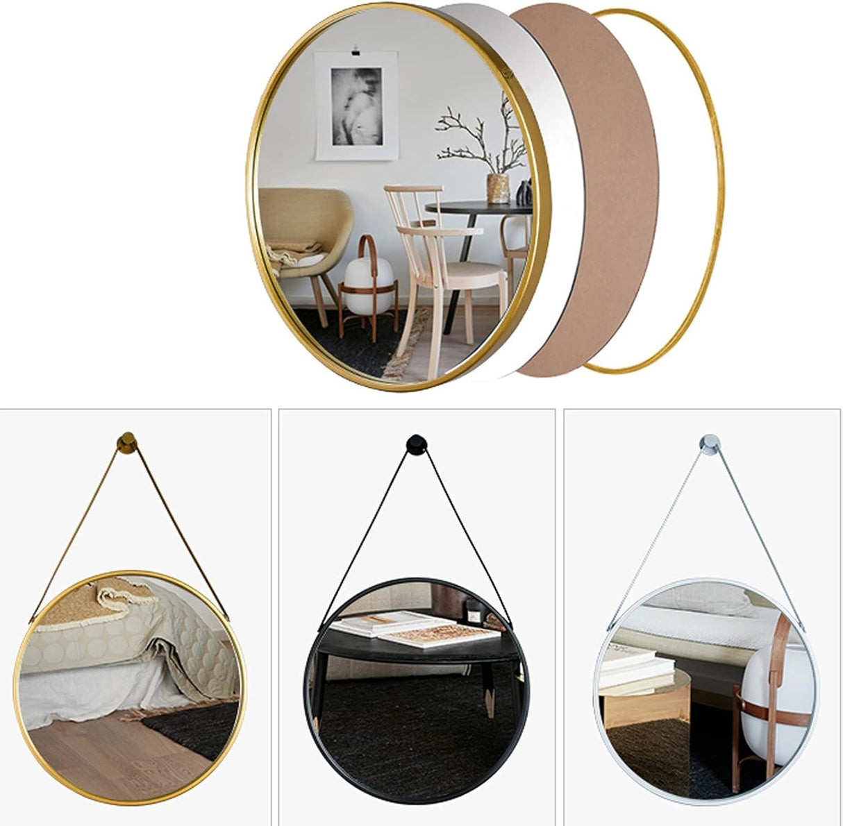 Round Hanging Mirror with Strap Decorative Wall Mirror 60cm