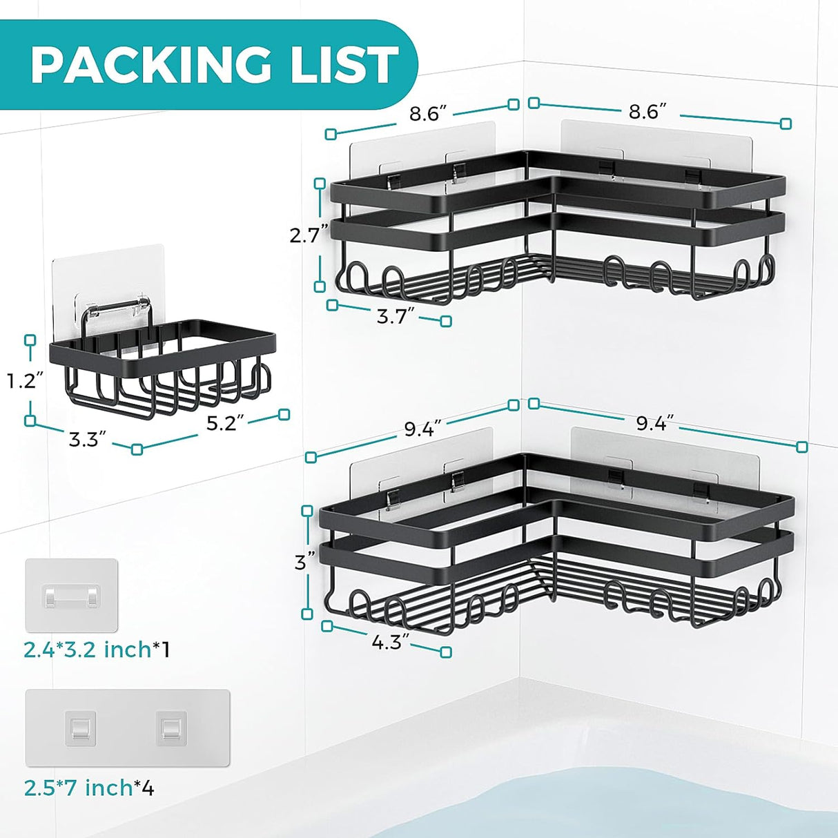 Shower Caddy, 3-Pack with Soap Holder, No Drilling Rustproof Shower Organizer with Save Space Hooks, Apartment Essentials for Bathroom