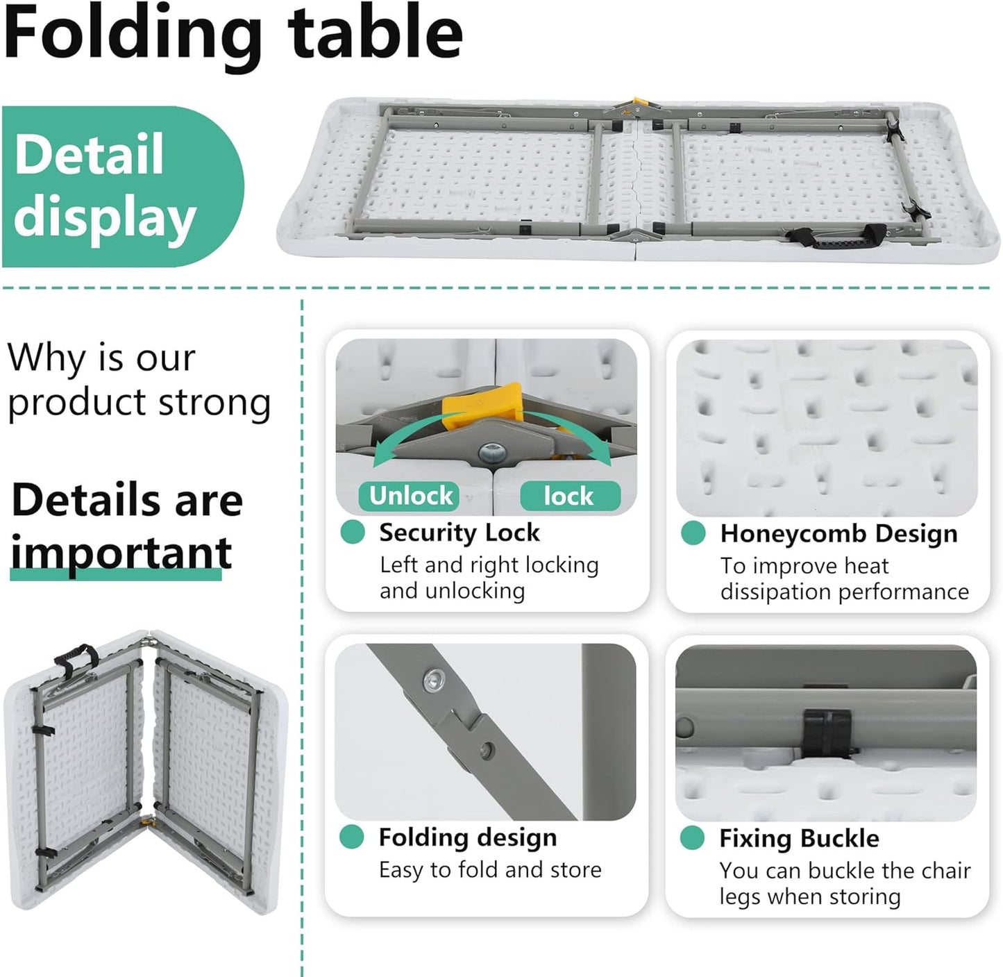 Folding, Half Portable Foldable Table for Parties, Backyard Events,White 1.2M