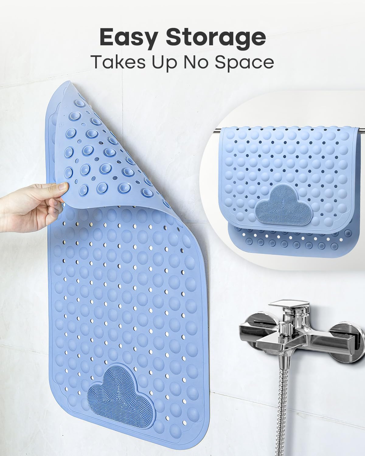 Bath Mat Non Slip with Foot Scrubber, Anti Slip Bath Mat for Tub, Rubber Shower Mat with Suction Cups and Drain Holes