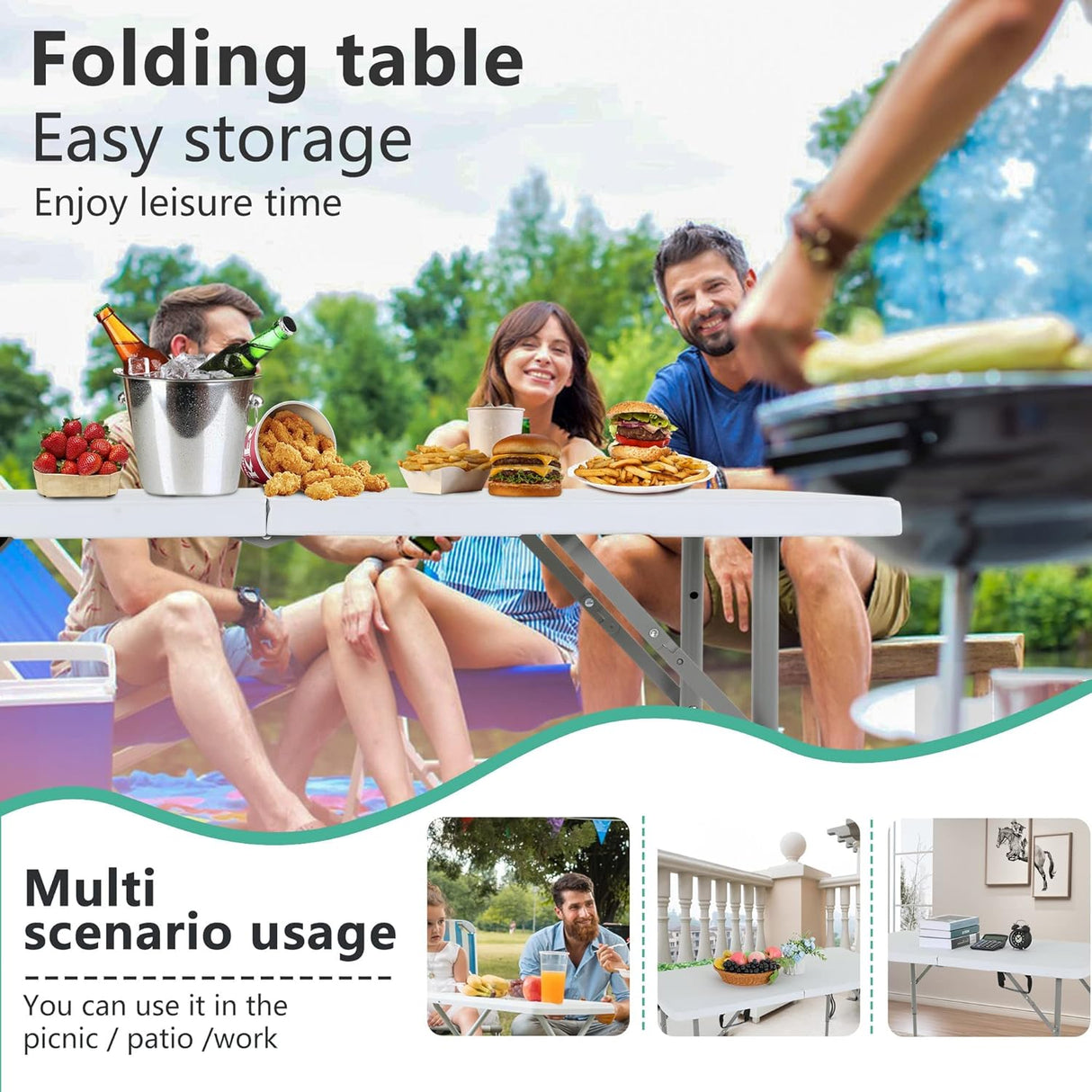 Folding, Half Portable Foldable Table for Parties, Backyard Events,White 1.2M