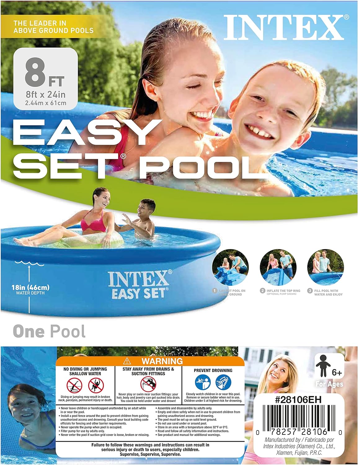 Intex 8 ft X 24 Inch Easy Set Inflatable Puncture Resistant Circular Above Ground Portable Outdoor Family Swimming Pool, Blue