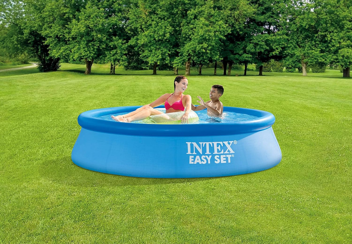 Intex 8 ft X 24 Inch Easy Set Inflatable Puncture Resistant Circular Above Ground Portable Outdoor Family Swimming Pool, Blue