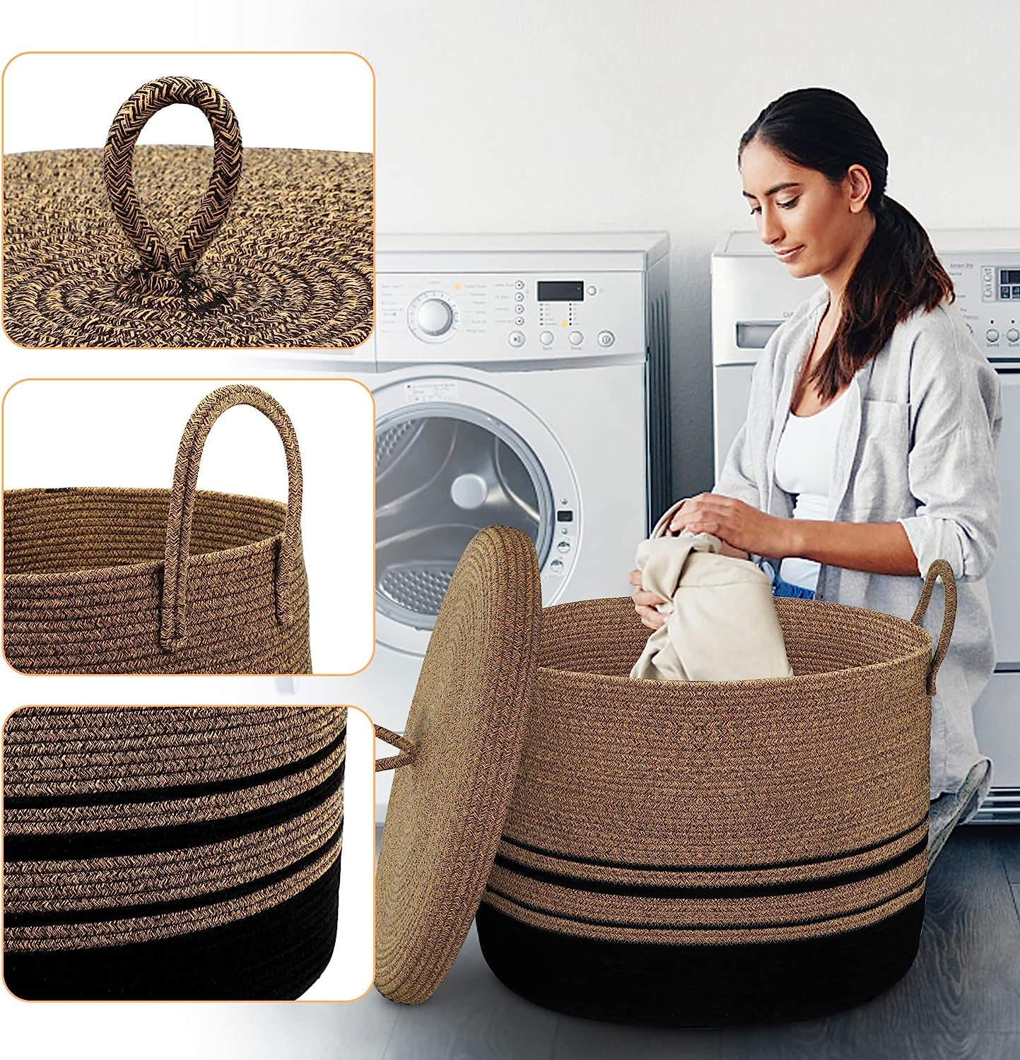 Large Rope Blanket Basket with Lid, Woven Storage Basket Baby Laundry Basket